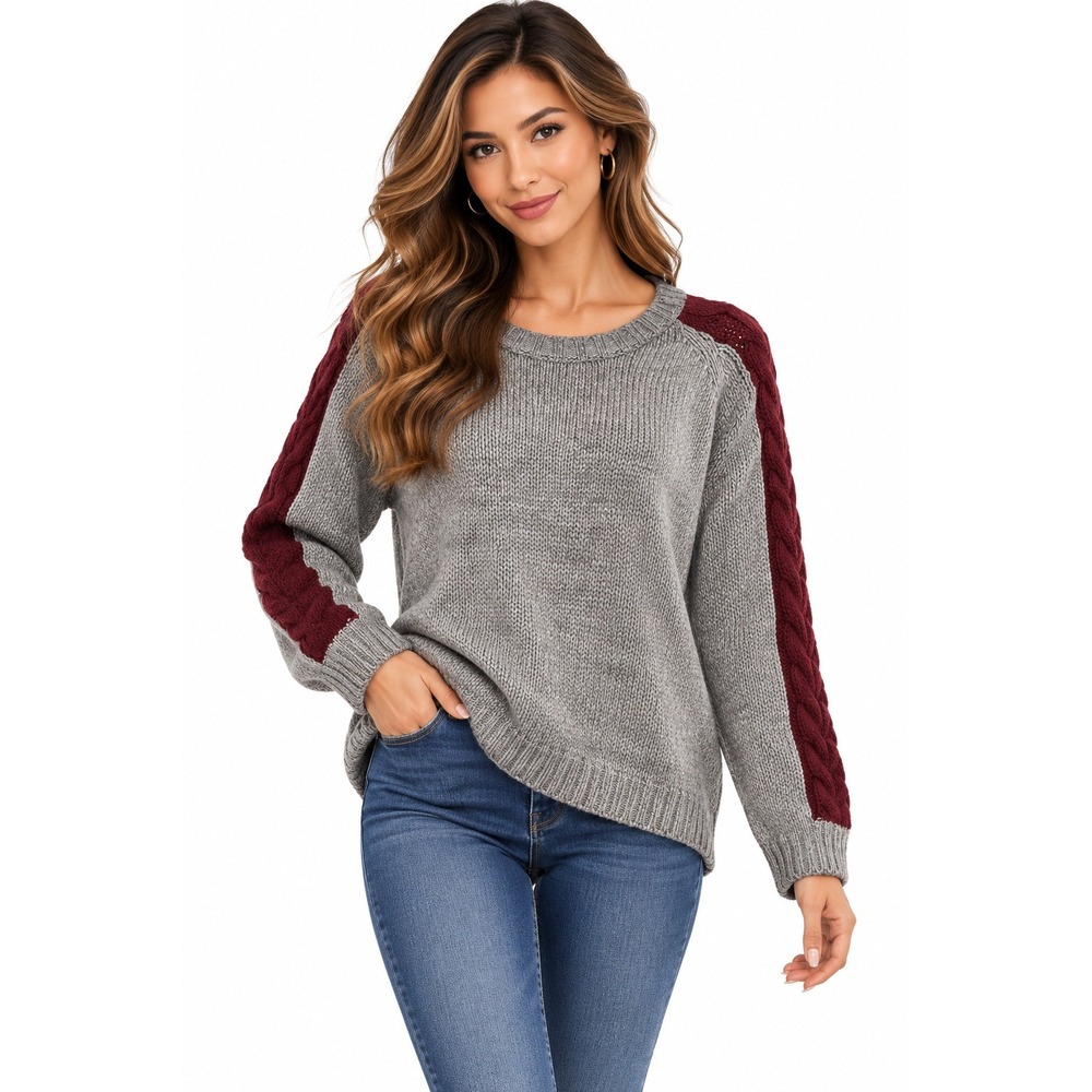 Vivante by VSA Crewneck Sweater Grey Burgundy Cable Knit Sporty Academic Large
